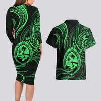 Polynesian Guam Coat of Arms Couples Matching Long Sleeve Bodycon Dress and Hawaiian Shirt Polynesian Tribal Tattoo Green Version