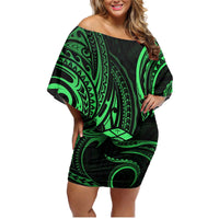 Polynesian Guam Coat of Arms Family Matching Off Shoulder Short Dress and Hawaiian Shirt Polynesian Tribal Tattoo Green Version