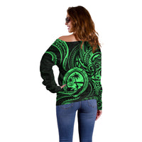 Polynesian Pride Guam Off Shoulder Sweater With Polynesian Tribal Tattoo and Coat of Arms Green Version LT9 - Polynesian Pride