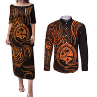 Polynesian Guam Coat of Arms Couples Matching Puletasi and Long Sleeve Button Shirt Polynesian Tribal Tattoo Orange Version LT9 Orange - Polynesian Pride
