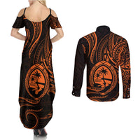 Polynesian Guam Coat of Arms Couples Matching Summer Maxi Dress and Long Sleeve Button Shirt Polynesian Tribal Tattoo Orange Version LT9 - Polynesian Pride
