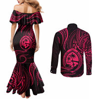 Polynesian Guam Coat of Arms Couples Matching Mermaid Dress and Long Sleeve Button Shirt Polynesian Tribal Tattoo Pink Version