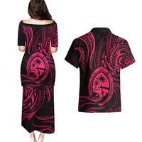 Polynesian Guam Coat of Arms Couples Matching Puletasi and Hawaiian Shirt Polynesian Tribal Tattoo Pink Version LT9 - Polynesian Pride