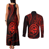 Polynesian Guam Coat of Arms Couples Matching Tank Maxi Dress and Long Sleeve Button Shirt Polynesian Tribal Tattoo Red Version LT9 - Polynesian Pride
