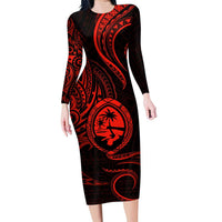 Polynesian Guam Coat of Arms Family Matching Long Sleeve Bodycon Dress and Hawaiian Shirt Polynesian Tribal Tattoo Red Version LT9 Mom's Dress Red - Polynesian Pride