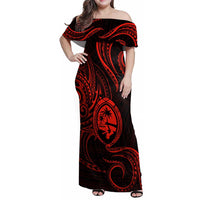 Polynesian Guam Coat of Arms Family Matching Off Shoulder Maxi Dress and Hawaiian Shirt Polynesian Tribal Tattoo Red Version