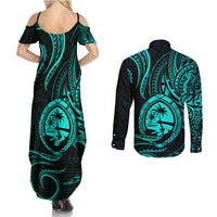 Polynesian Guam Coat of Arms Couples Matching Summer Maxi Dress and Long Sleeve Button Shirt Polynesian Tribal Tattoo Turquoise Version LT9 - Polynesian Pride