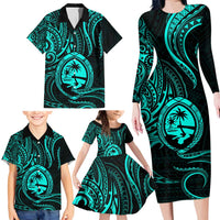 Polynesian Guam Coat of Arms Family Matching Long Sleeve Bodycon Dress and Hawaiian Shirt Polynesian Tribal Tattoo Turquoise Version LT9 - Polynesian Pride