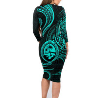 Polynesian Guam Coat of Arms Family Matching Long Sleeve Bodycon Dress and Hawaiian Shirt Polynesian Tribal Tattoo Turquoise Version LT9 - Polynesian Pride