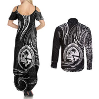 Polynesian Guam Coat of Arms Couples Matching Summer Maxi Dress and Long Sleeve Button Shirt Polynesian Tribal Tattoo Black Version LT9 - Polynesian Pride