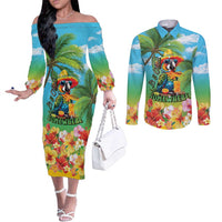 Always 5 O'clock Couples Matching Off The Shoulder Long Sleeve Dress and Long Sleeve Button Shirt Hawaiian Tropical Parrot - Polynesian Pride