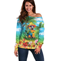 Always 5 O'clock Off Shoulder Sweater Hawaiian Tropical Parrot - Polynesian Pride