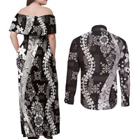 Hawaii Puakenikeni and Maile Lei Couples Matching Off Shoulder Maxi Dress and Long Sleeve Button Shirt Black Japanese Wave Style - Polynesian Pride
