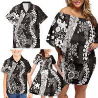 Hawaii Puakenikeni and Maile Lei Family Matching Off Shoulder Short Dress and Hawaiian Shirt Black Japanese Wave Style - Polynesian Pride