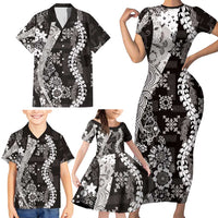 Hawaii Puakenikeni and Maile Lei Family Matching Short Sleeve Bodycon Dress and Hawaiian Shirt Black Japanese Wave Style - Polynesian Pride