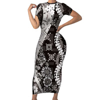 Hawaii Puakenikeni and Maile Lei Family Matching Short Sleeve Bodycon Dress and Hawaiian Shirt Black Japanese Wave Style - Polynesian Pride