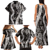 Hawaii Puakenikeni and Maile Lei Family Matching Tank Maxi Dress and Hawaiian Shirt Black Japanese Wave Style - Polynesian Pride
