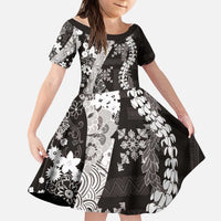 Hawaii Puakenikeni and Maile Lei Kid Short Sleeve Dress Black Japanese Wave Style - Polynesian Pride