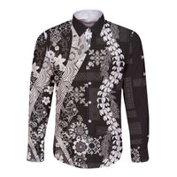 Hawaii Puakenikeni and Maile Lei Long Sleeve Button Shirt Black Japanese Wave Style - Polynesian Pride