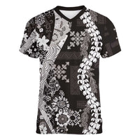 Hawaii Puakenikeni and Maile Lei Women V-Neck T-Shirt Black Japanese Wave Style LT9 Female Black - Polynesian Pride