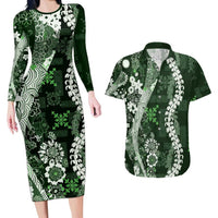 Hawaii Puakenikeni and Maile Lei Couples Matching Long Sleeve Bodycon Dress and Hawaiian Shirt Green Japanese Wave Style - Polynesian Pride