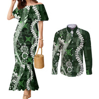 Hawaii Puakenikeni and Maile Lei Couples Matching Mermaid Dress and Long Sleeve Button Shirt Green Japanese Wave Style - Polynesian Pride
