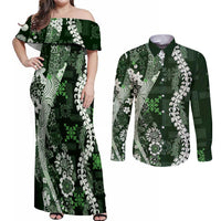 Hawaii Puakenikeni and Maile Lei Couples Matching Off Shoulder Maxi Dress and Long Sleeve Button Shirt Green Japanese Wave Style - Polynesian Pride