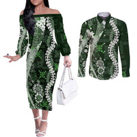 Hawaii Puakenikeni and Maile Lei Couples Matching Off The Shoulder Long Sleeve Dress and Long Sleeve Button Shirt Green Japanese Wave Style - Polynesian Pride