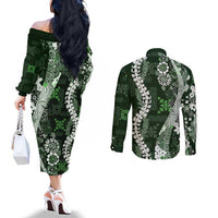 Hawaii Puakenikeni and Maile Lei Couples Matching Off The Shoulder Long Sleeve Dress and Long Sleeve Button Shirt Green Japanese Wave Style - Polynesian Pride