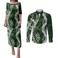 Hawaii Puakenikeni and Maile Lei Couples Matching Puletasi and Long Sleeve Button Shirt Green Japanese Wave Style - Polynesian Pride
