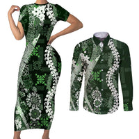 Hawaii Puakenikeni and Maile Lei Couples Matching Short Sleeve Bodycon Dress and Long Sleeve Button Shirt Green Japanese Wave Style - Polynesian Pride