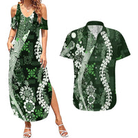 Hawaii Puakenikeni and Maile Lei Couples Matching Summer Maxi Dress and Hawaiian Shirt Green Japanese Wave Style - Polynesian Pride