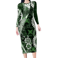 Hawaii Puakenikeni and Maile Lei Family Matching Long Sleeve Bodycon Dress and Hawaiian Shirt Green Japanese Wave Style - Polynesian Pride