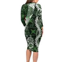Hawaii Puakenikeni and Maile Lei Family Matching Long Sleeve Bodycon Dress and Hawaiian Shirt Green Japanese Wave Style - Polynesian Pride