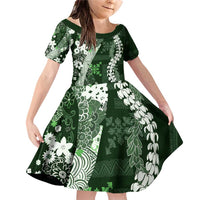 Hawaii Puakenikeni and Maile Lei Family Matching Off Shoulder Short Dress and Hawaiian Shirt Green Japanese Wave Style - Polynesian Pride