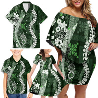 Hawaii Puakenikeni and Maile Lei Family Matching Off Shoulder Short Dress and Hawaiian Shirt Green Japanese Wave Style - Polynesian Pride