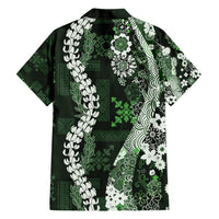 Hawaii Puakenikeni and Maile Lei Family Matching Short Sleeve Bodycon Dress and Hawaiian Shirt Green Japanese Wave Style - Polynesian Pride