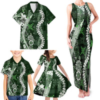 Hawaii Puakenikeni and Maile Lei Family Matching Tank Maxi Dress and Hawaiian Shirt Green Japanese Wave Style - Polynesian Pride