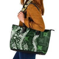 Hawaii Puakenikeni and Maile Lei Leather Tote Bag Green Japanese Wave Style - Polynesian Pride