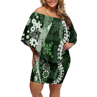 Hawaii Puakenikeni and Maile Lei Off Shoulder Short Dress Green Japanese Wave Style LT9 Women Green - Polynesian Pride