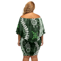 Hawaii Puakenikeni and Maile Lei Off Shoulder Short Dress Green Japanese Wave Style LT9 - Polynesian Pride