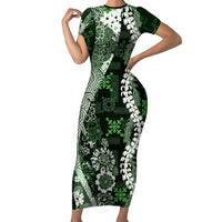 Hawaii Puakenikeni and Maile Lei Short Sleeve Bodycon Dress Green Japanese Wave Style LT9 Long Dress Green - Polynesian Pride