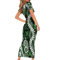 Hawaii Puakenikeni and Maile Lei Short Sleeve Bodycon Dress Green Japanese Wave Style LT9 - Polynesian Pride