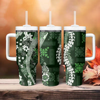 Hawaii Puakenikeni and Maile Lei Tumbler With Handle Green Japanese Wave Style - Polynesian Pride