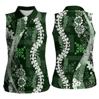 Hawaii Puakenikeni and Maile Lei Women Sleeveless Polo Shirt Green Japanese Wave Style - Polynesian Pride