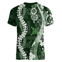 Hawaii Puakenikeni and Maile Lei Women V-Neck T-Shirt Green Japanese Wave Style LT9 - Polynesian Pride