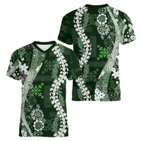 Hawaii Puakenikeni and Maile Lei Women V-Neck T-Shirt Green Japanese Wave Style LT9 - Polynesian Pride