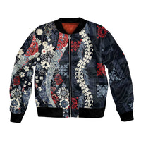 Hawaii Puakenikeni and Maile Lei Bomber Jacket Navy Blue Japanese Wave Style - Polynesian Pride