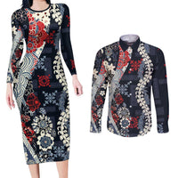 Hawaii Puakenikeni and Maile Lei Couples Matching Long Sleeve Bodycon Dress and Long Sleeve Button Shirt Navy Blue Japanese Wave Style - Polynesian Pride