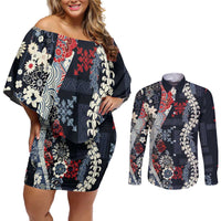Hawaii Puakenikeni and Maile Lei Couples Matching Off Shoulder Short Dress and Long Sleeve Button Shirt Navy Blue Japanese Wave Style - Polynesian Pride